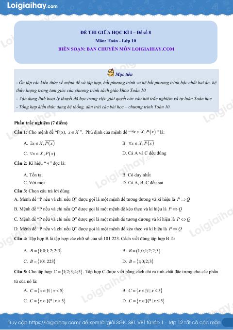 Đề thi giữa kì 1 Toán 10 Kết nối tri thức - Đề số 8